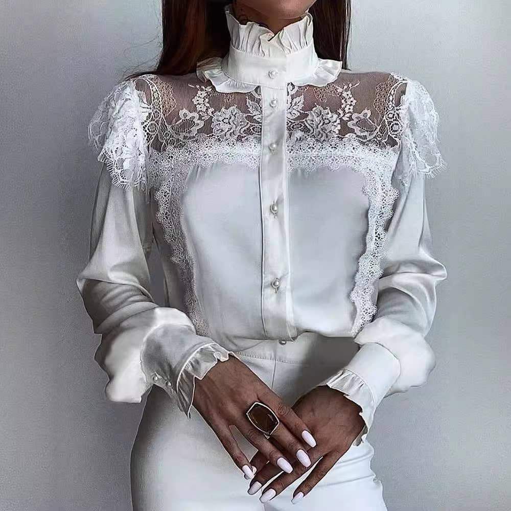 WHITE TURTLENECK LACE SHIRT WITH WOODEN EAR TRIM