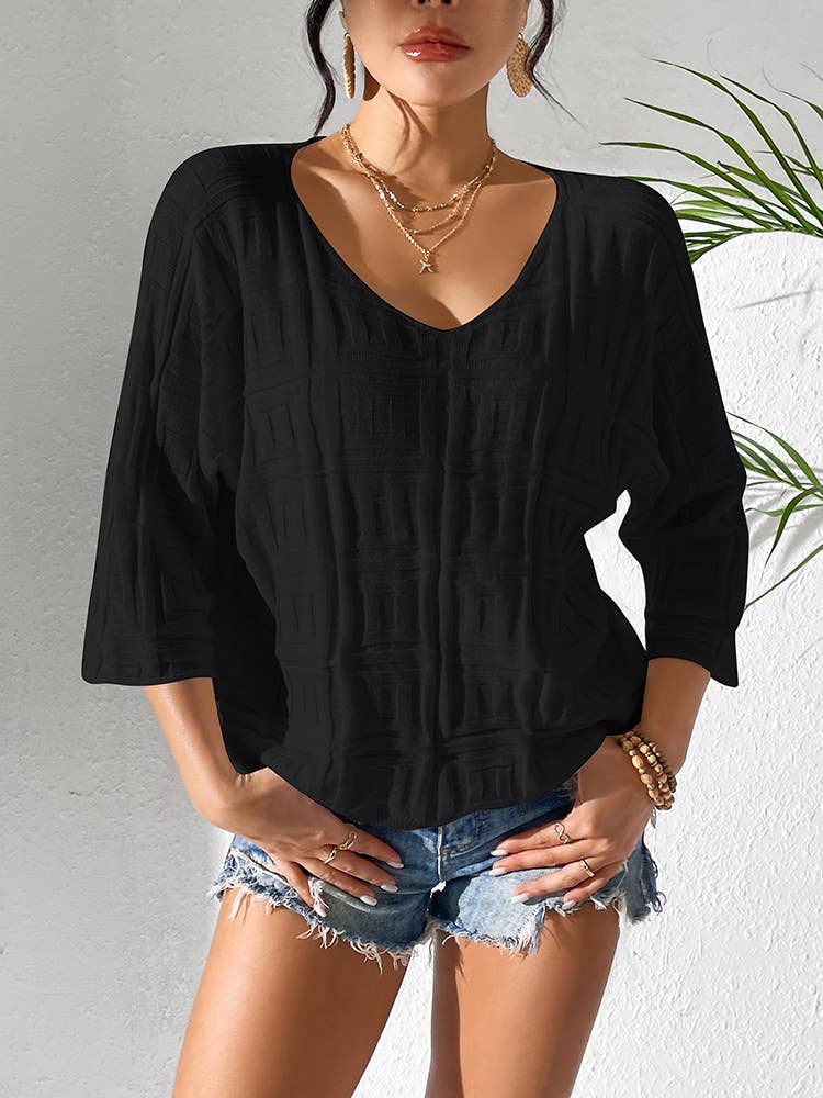 SIMPLE LOOSE KNIT SOLID COLOR PULLOVER V-NECK TOP