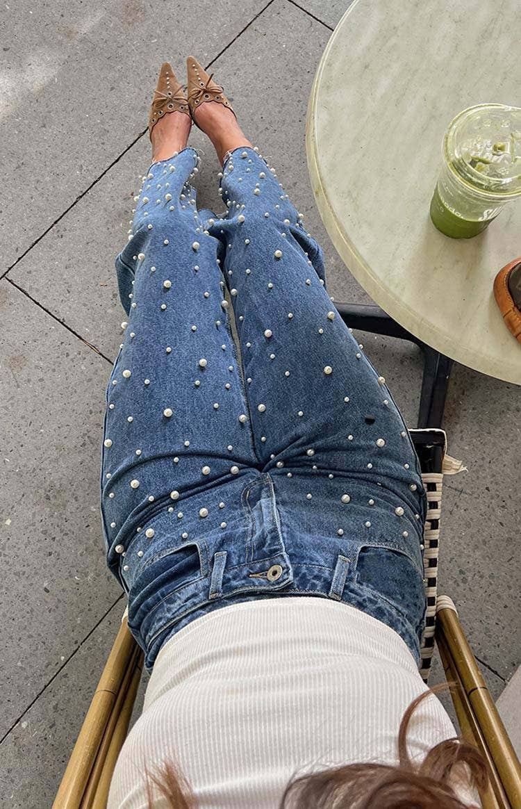 Crossbody retro beaded straight-leg denim trousers