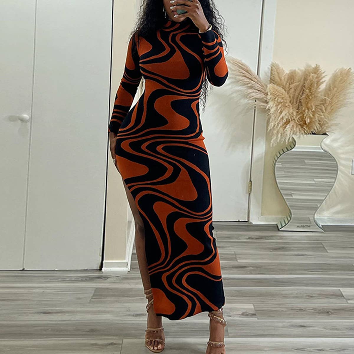 PRINTED SHEATH DRESS LONG SLEEVE MID-LENGTH SKIRT