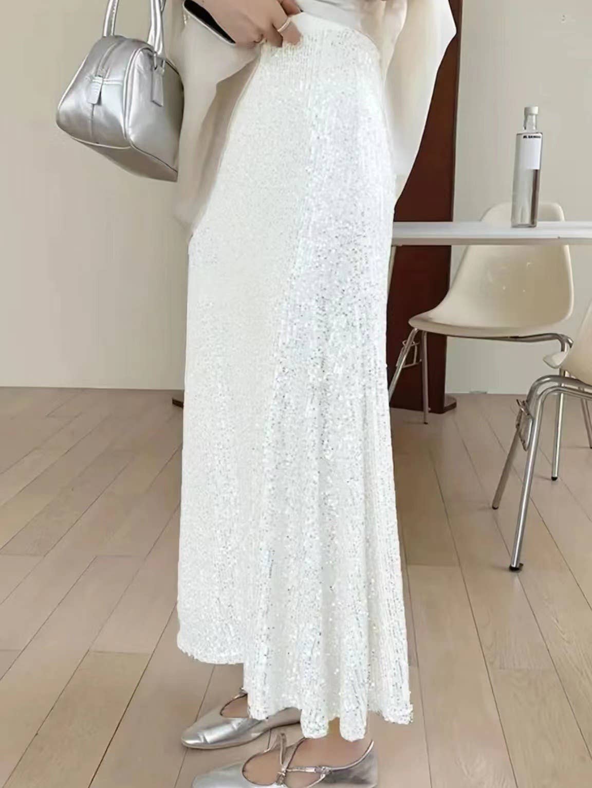 Sequined high-waisted inner elastic drape skirt