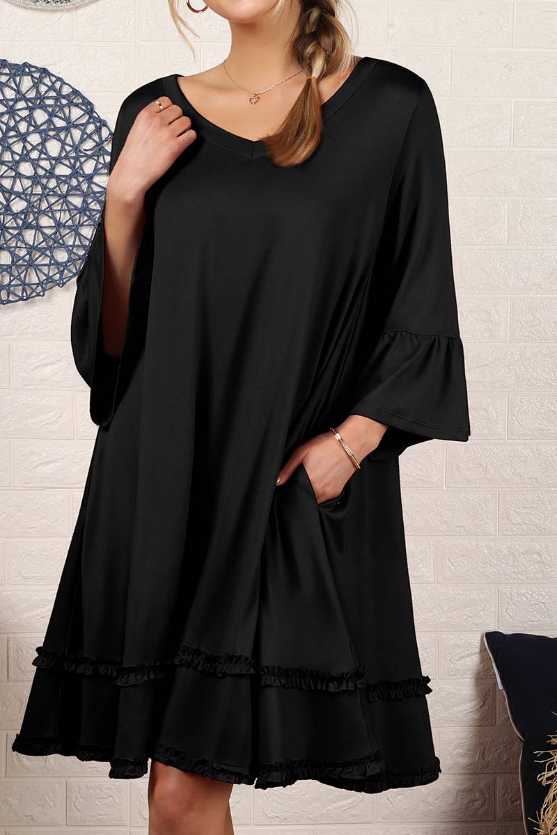 CWDSD10355_SMALL RUFFLE DETAILS 3/4 SLEEVE TIERED DRESS