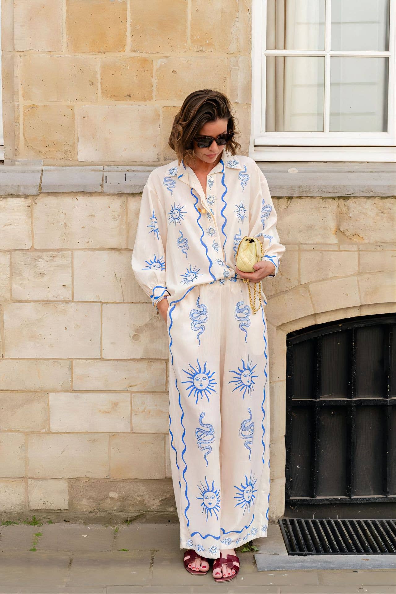 PRINTED LINEN SHIRT TROUSERS TWO-PIECE SET