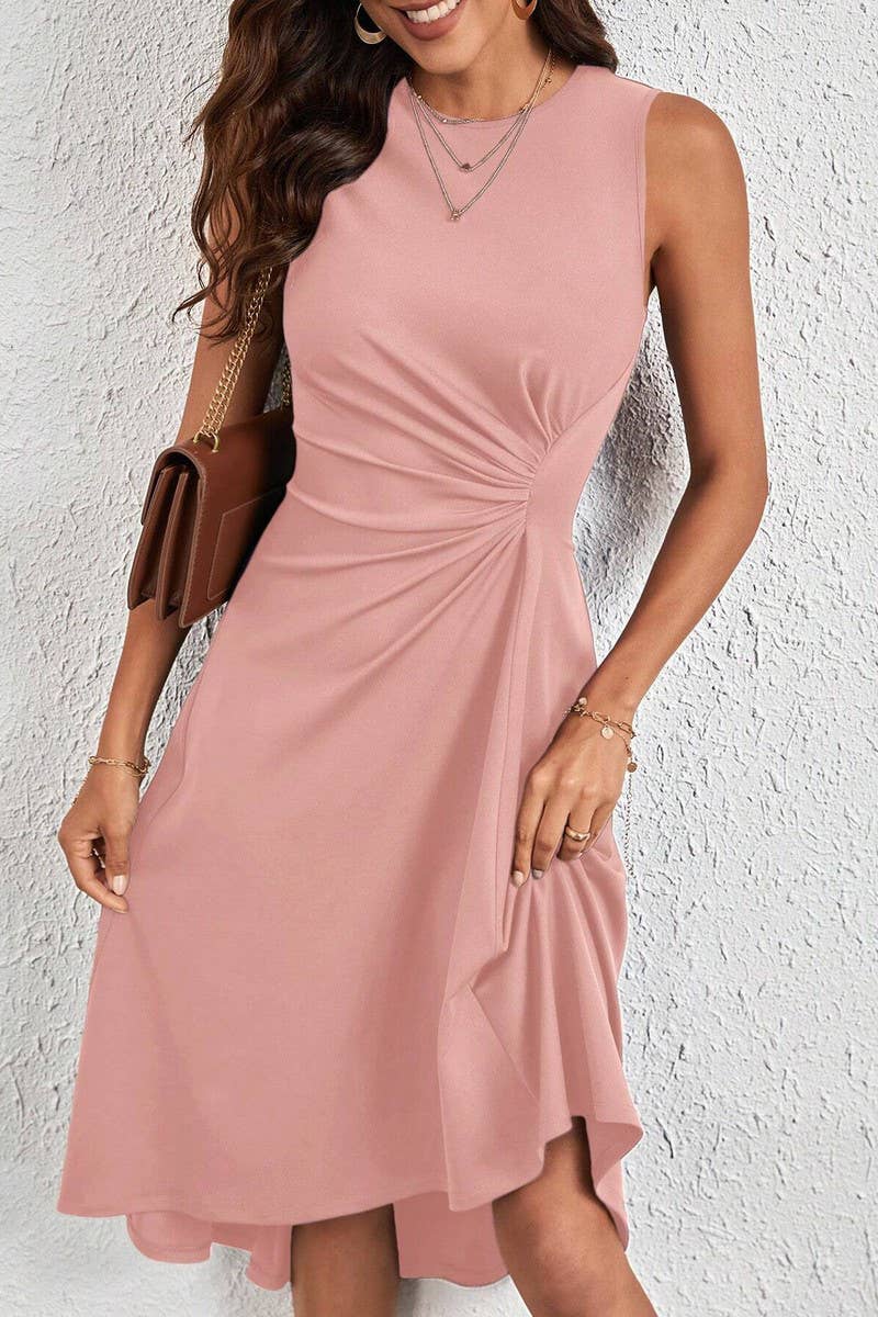 CWDSD7523_SUMMER FASHION SOLID COLOR CRUMPLED DRESS