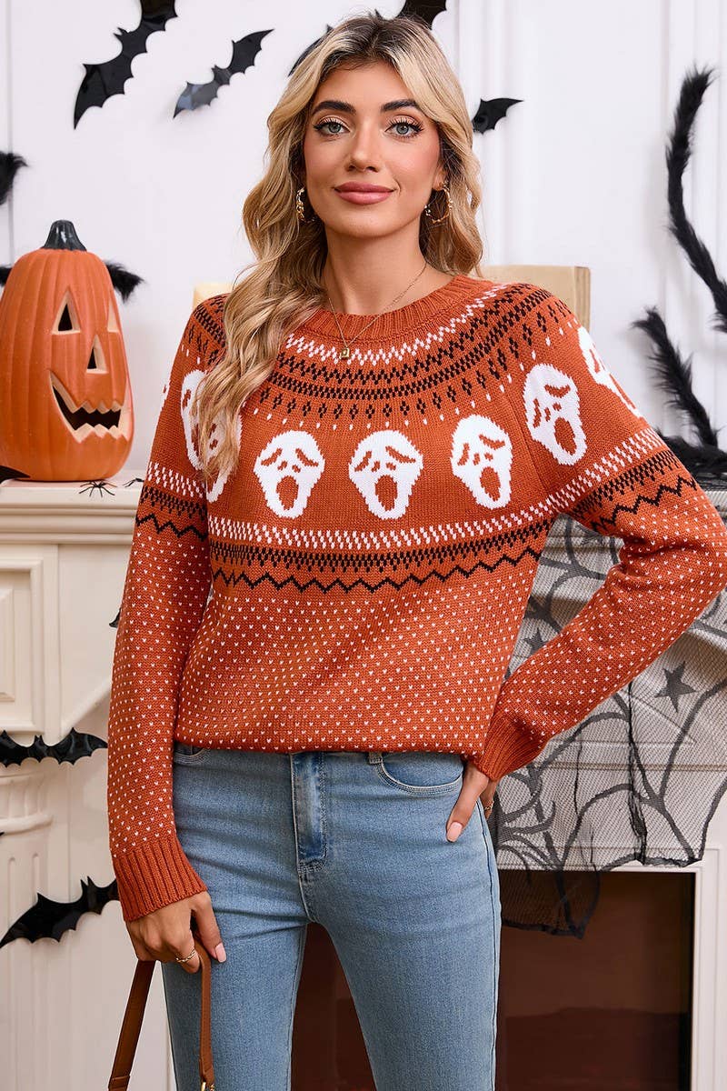 CWOSWL07357_LOOSE HALLOWEEN SKULL JACQUARD CREWNECK SWEATER