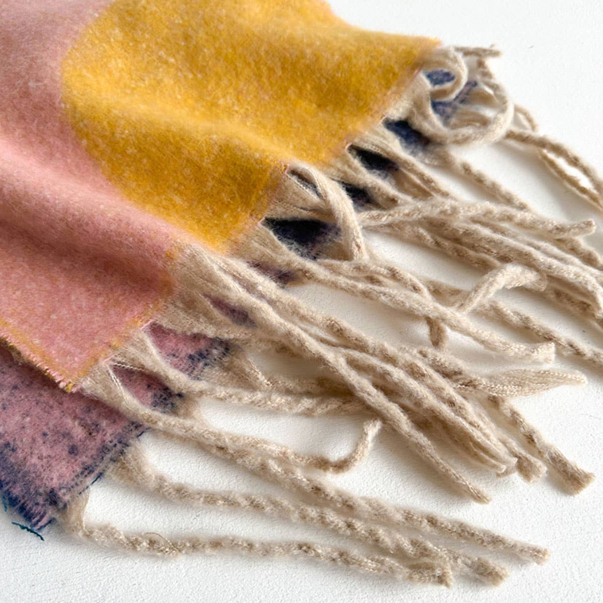 Geometric Fringe Wool Scarf,Thick Colorblock Shawl