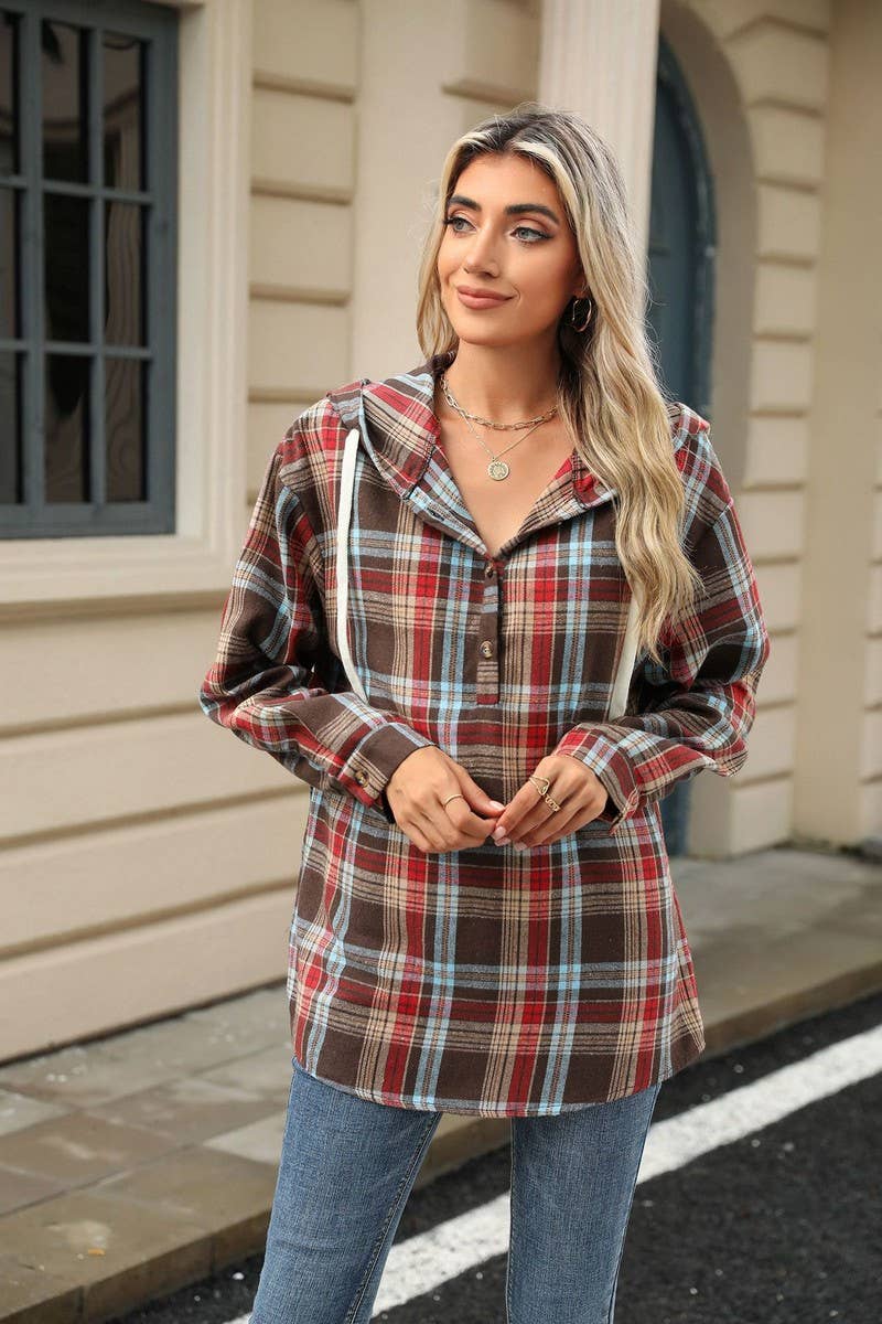 CWOHOL00663_PLAID DRAWSTRING HOODED LOOSE SWEATSHIRT