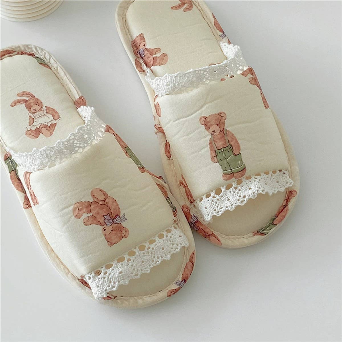 VINTAGE LACE RABBIT BEAR OPEN TOE HOME SLIPPERS