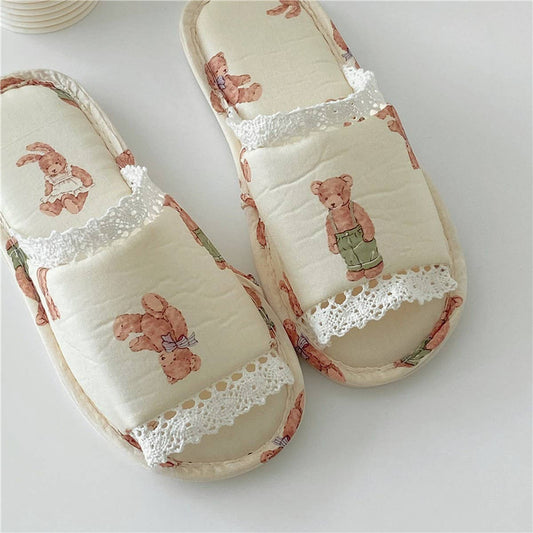 VINTAGE LACE RABBIT BEAR OPEN TOE HOME SLIPPERS