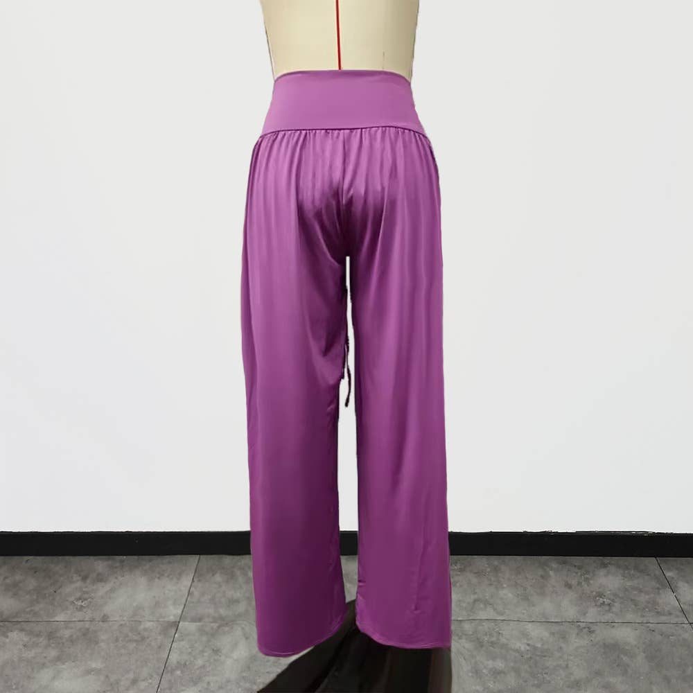 Pleated lace-up slacks Stretch wide-leg pants