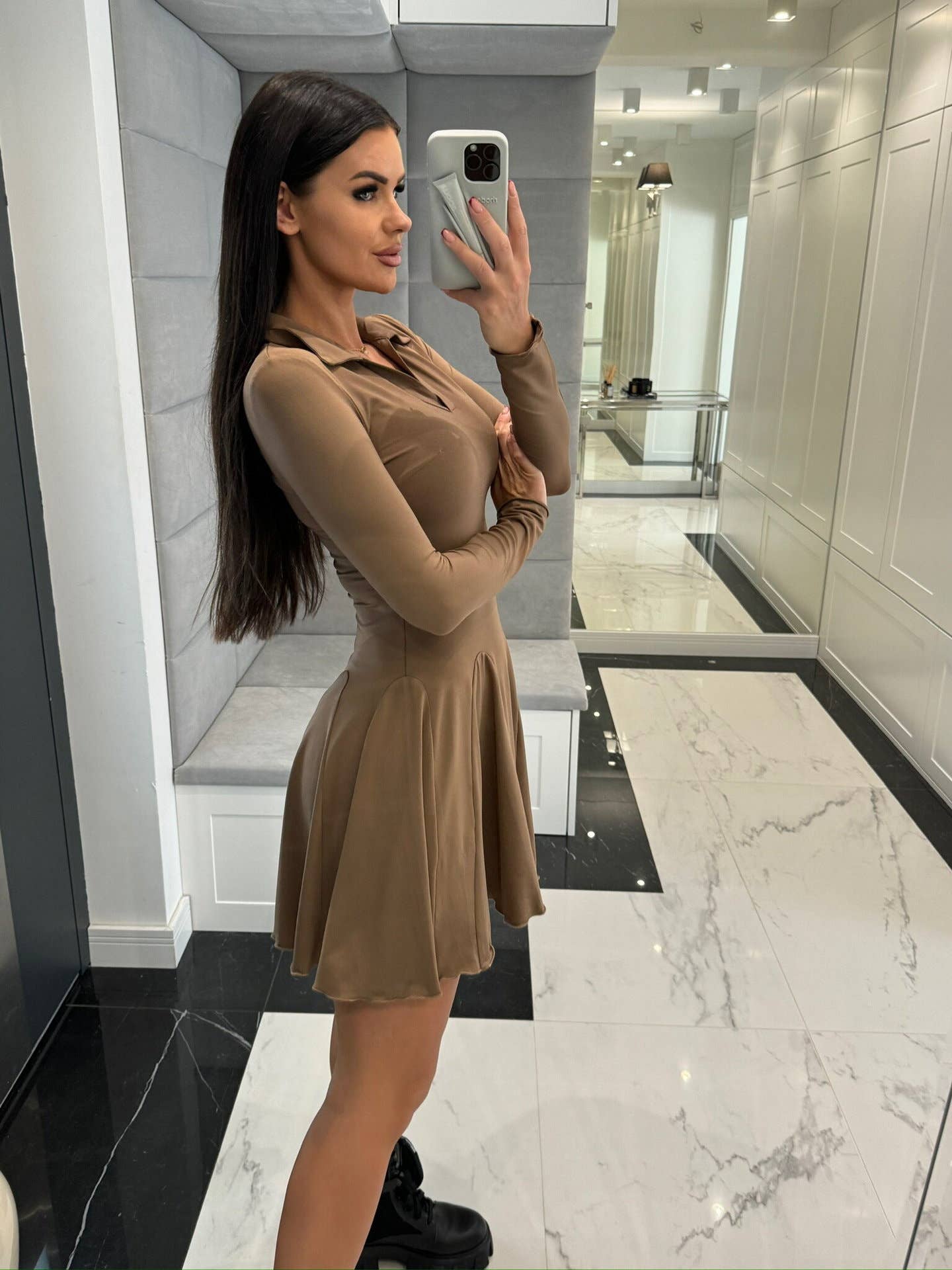 SOLID COLOR WAISTLINE LONG SLEEVE LAPEL DRESS