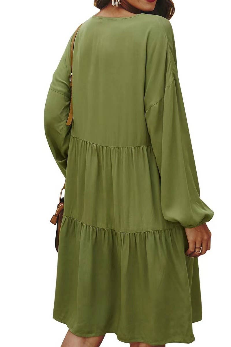 CWDMD5414_V-NECK LONG SLEEVE HIGH WAIST TIE MIDI DRESS