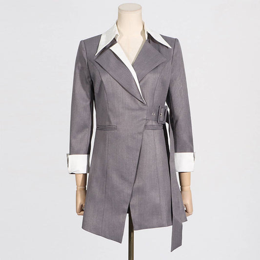 Elegant Colorblock Tie-Waist Slim Blazer