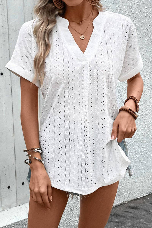 Cwtbls1635_Solid Color T-Shirt Top V-Neck Textured Jacquard