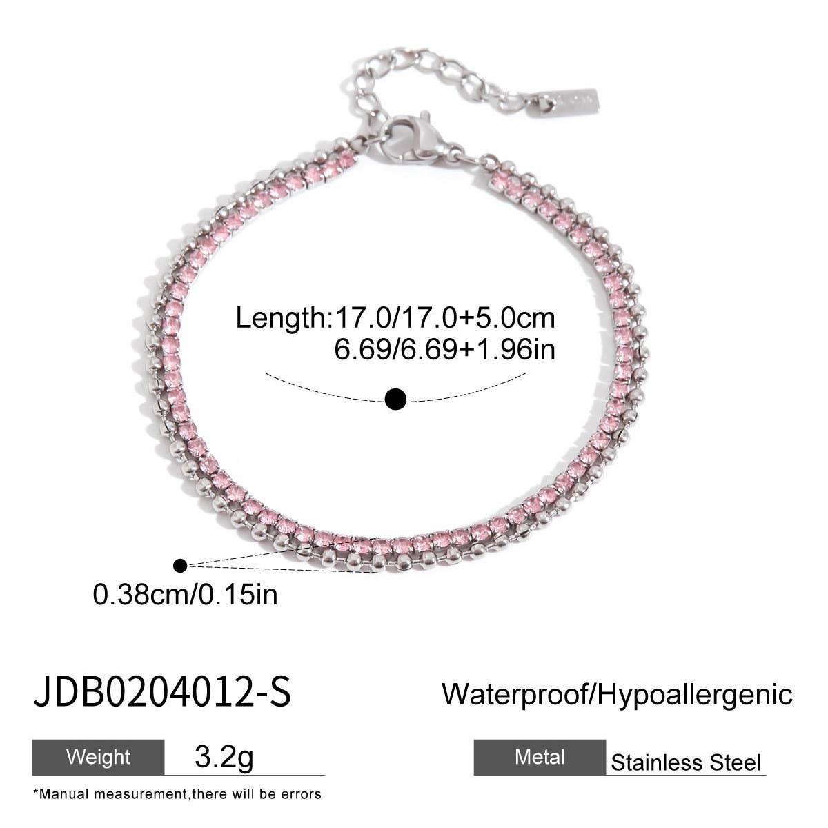 18K Gold Pink Zircon Round Chain Bracelet, Steel_CWAJE4678