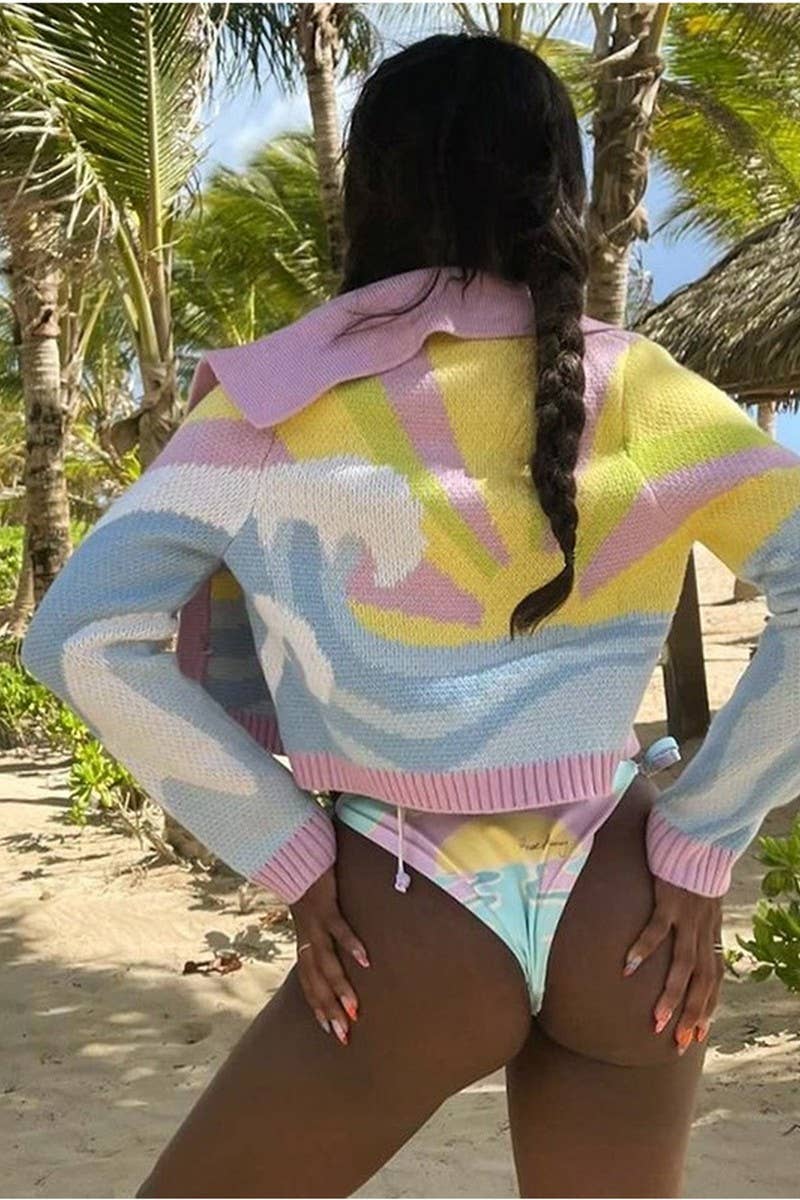 Jacquard lapel single breasted sweater cardigan