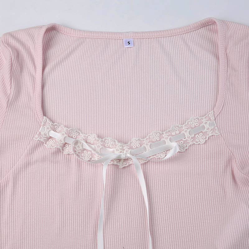 SLIM BOW IRREGULAR LACE PATCHWORK T-SHIRT