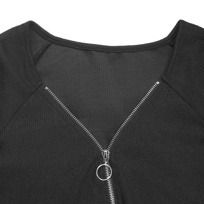 LACE PATCHWORK ZIPPER V-NECK LONG SLEEVE T-SHIRT