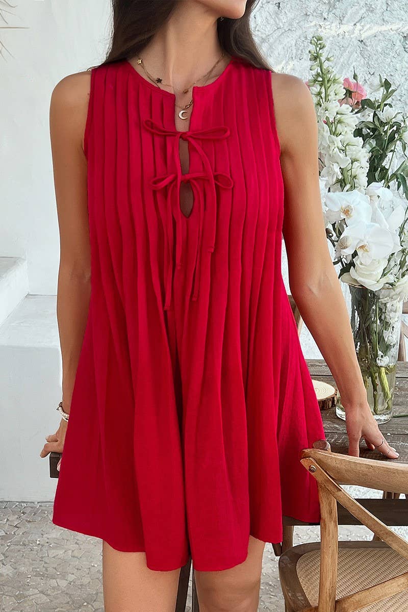 CWDSD7079_LOOSE TIE PLEATED SLEEVELESS SHORT DRESS