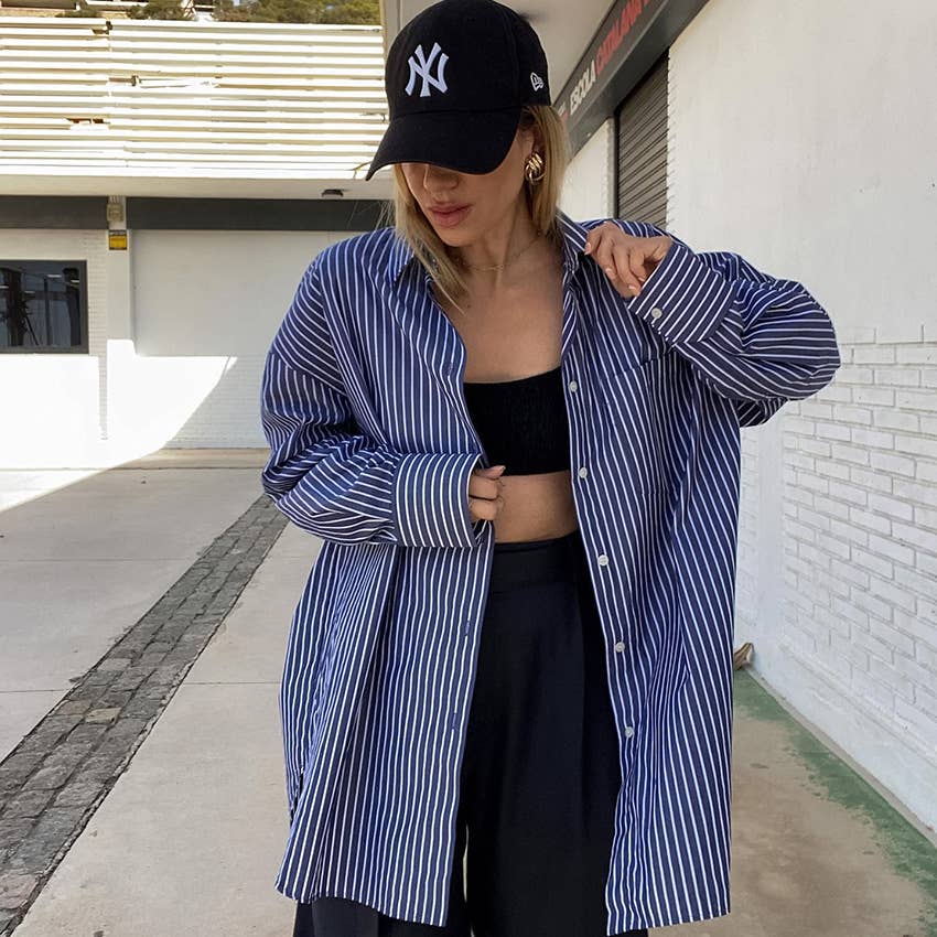Striped cotton long sleeve loose button-up shirt