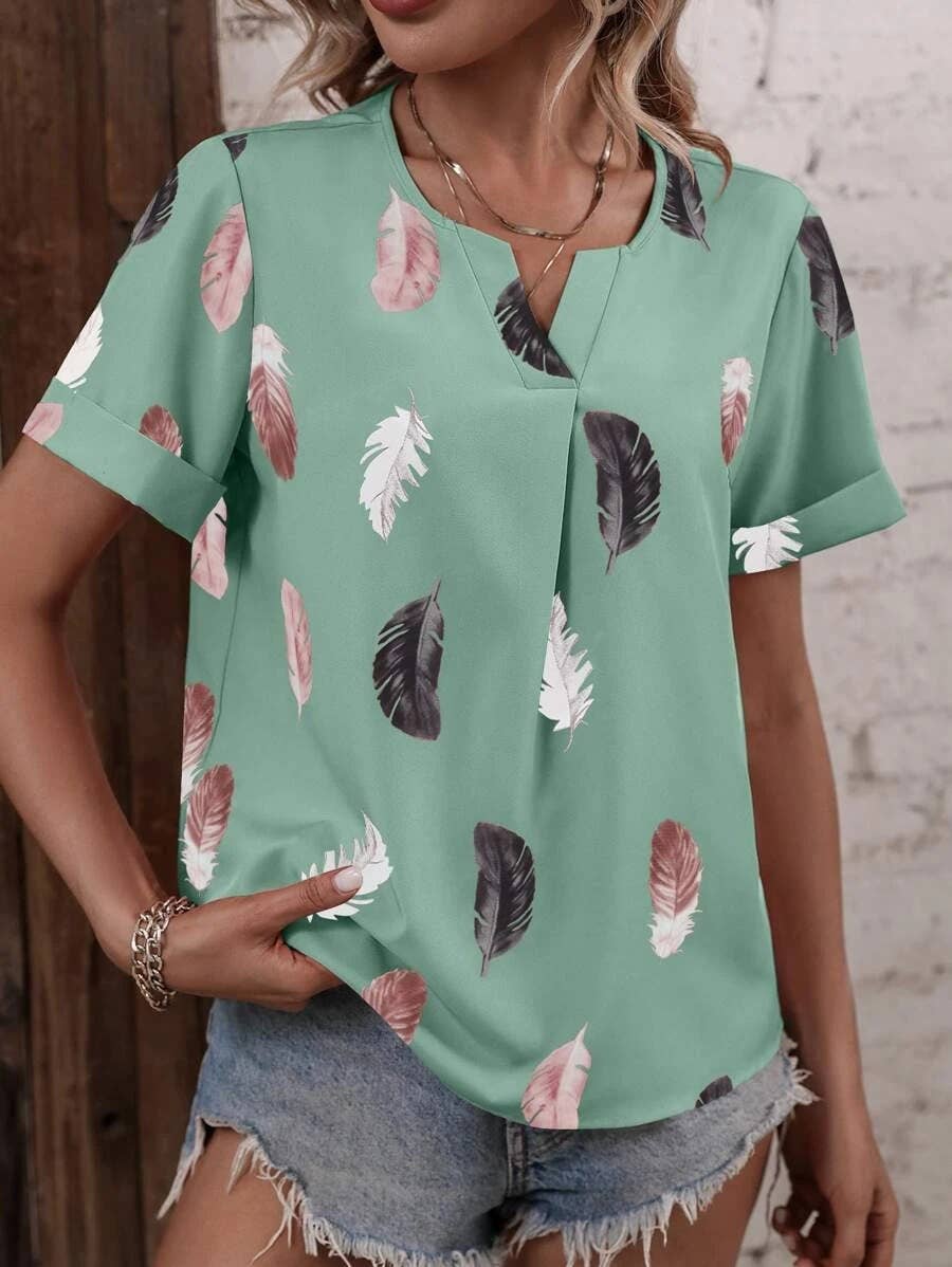 V-NECK FEATHER PRINT SHORT-SLEEVED LOOSE T-SHIRT