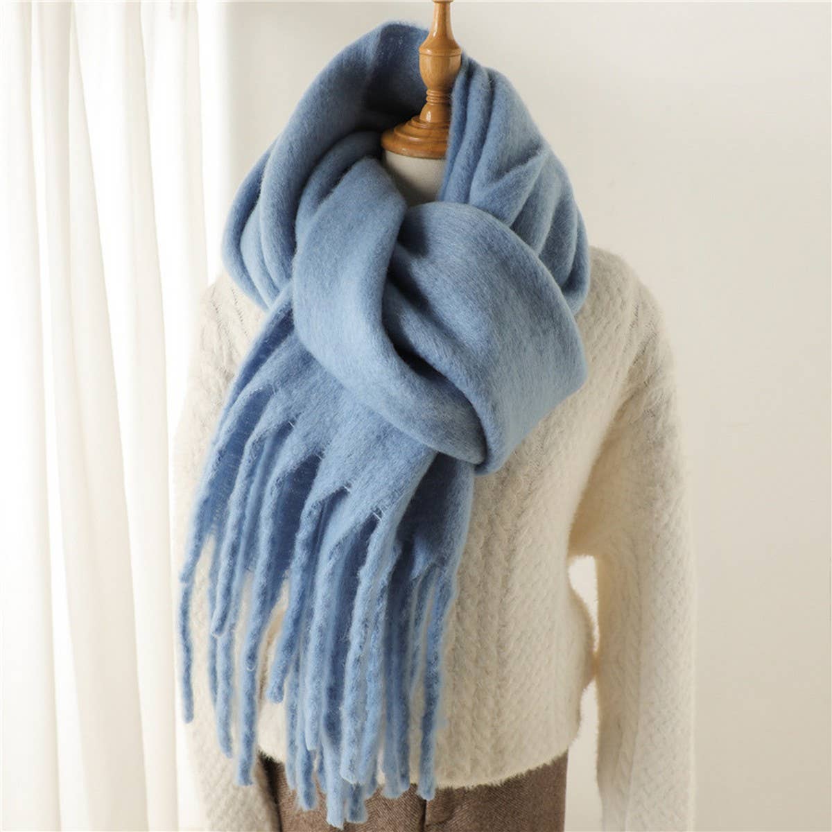 Mohair Tassel Scarf for Winter, Unisex Long Shawl