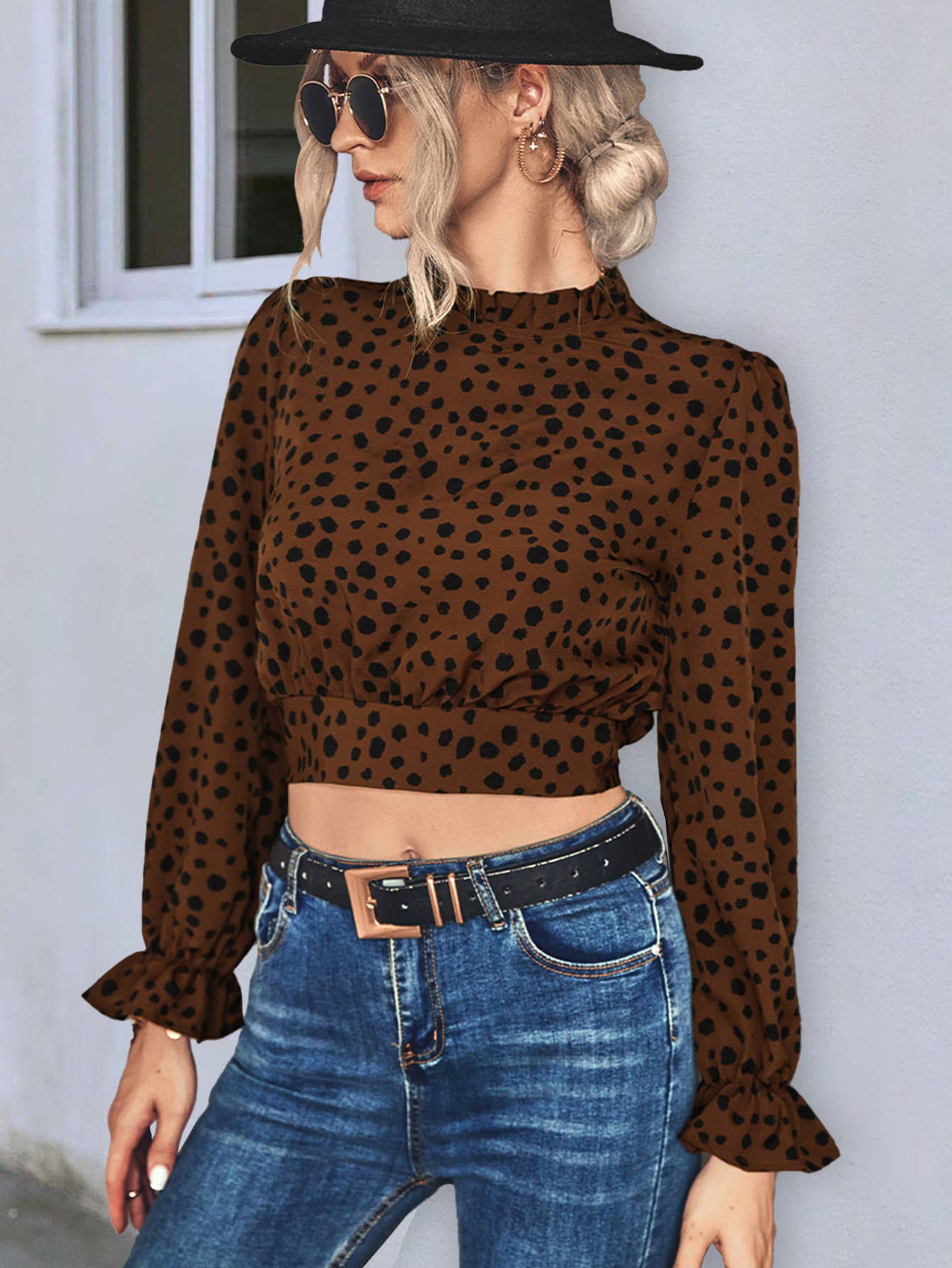 Ruffled leopard print short semi-high-neck top