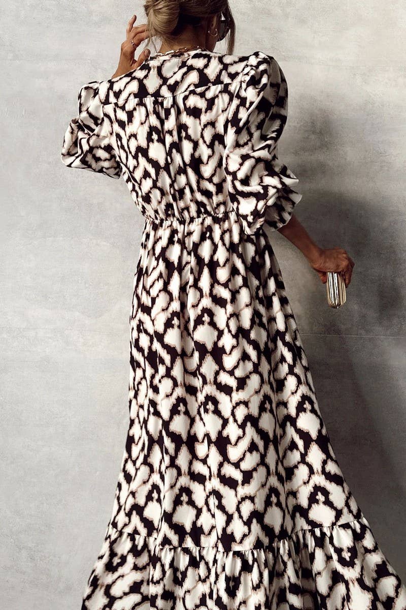 CWDMD5916_NEW FALL PRINTED V-NECK SLIT RUFFLE DRESS