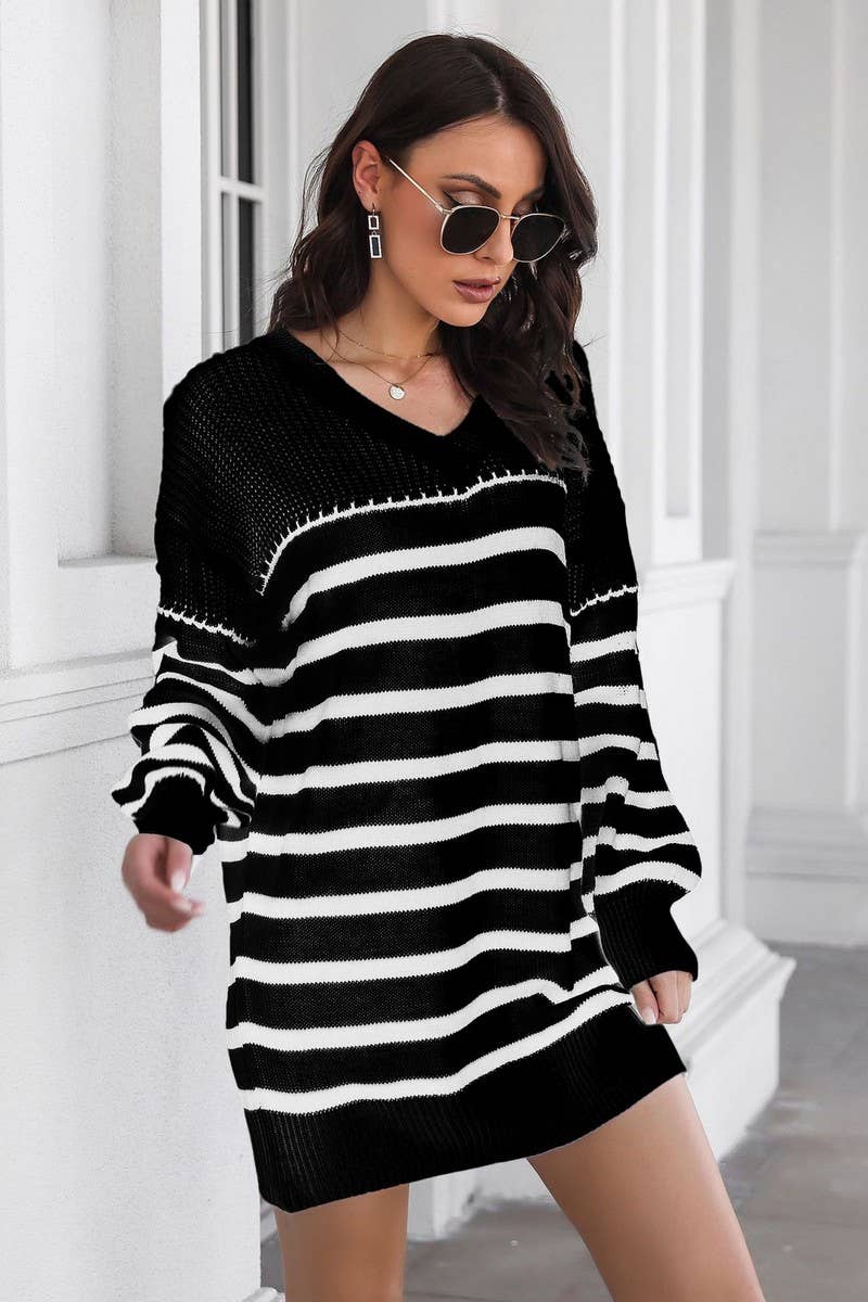 CWDSD7332_STRIPED V-NECK DROP SHOULDER LOOSE DRESS