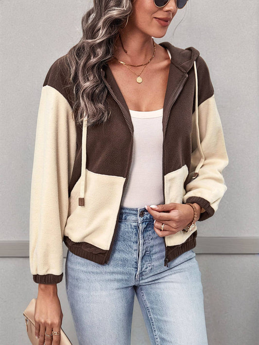 Hooded,color-blocked polar fleece zipper Jackets