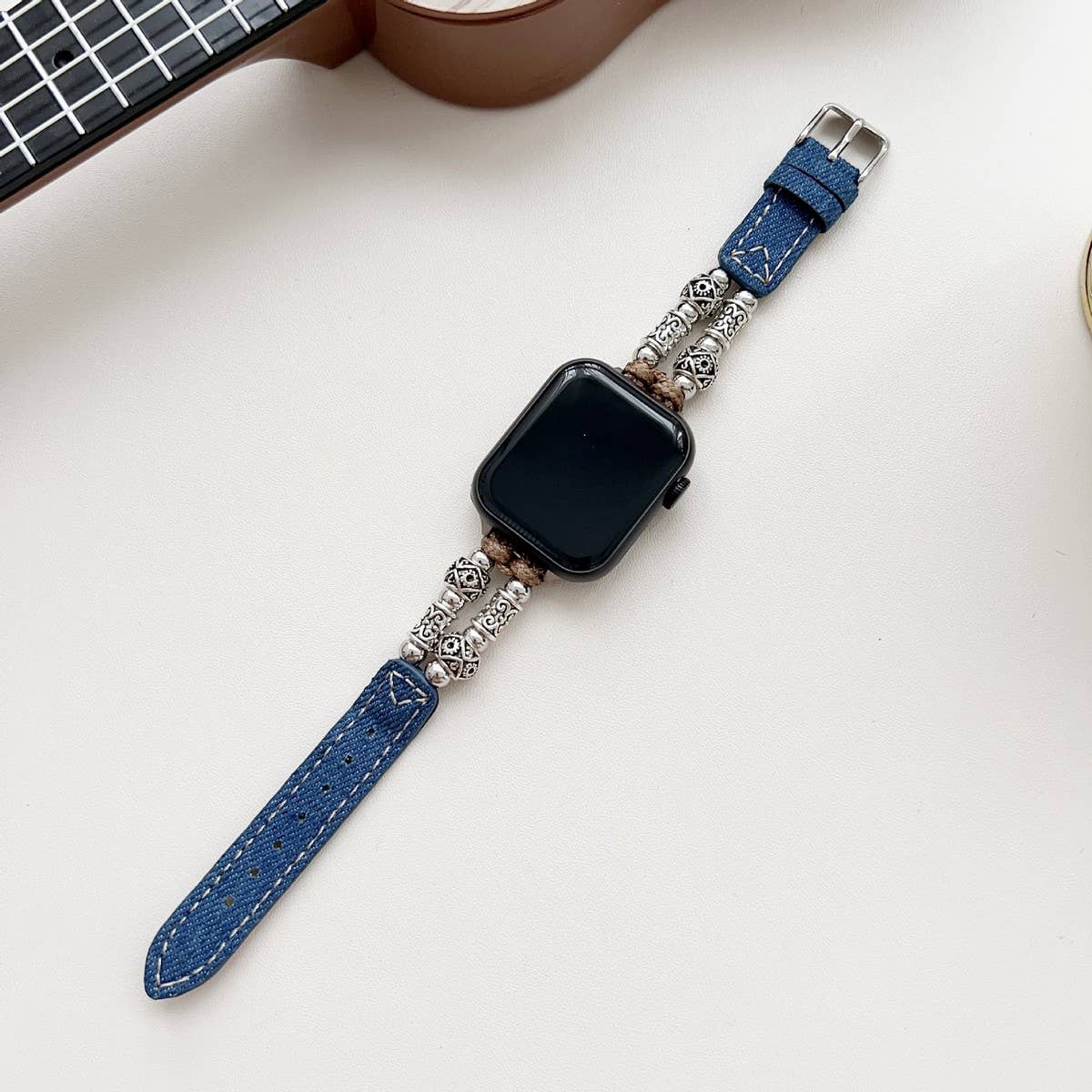 IWATCH9-1 TIBETAN SILVER DENIM LEATHER STRAP