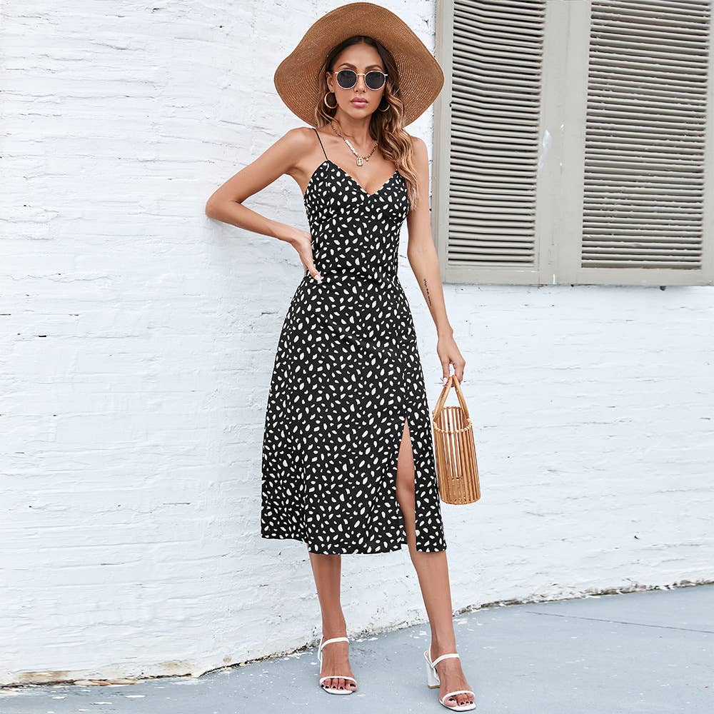 Print halter sexy zipper polka dot dress