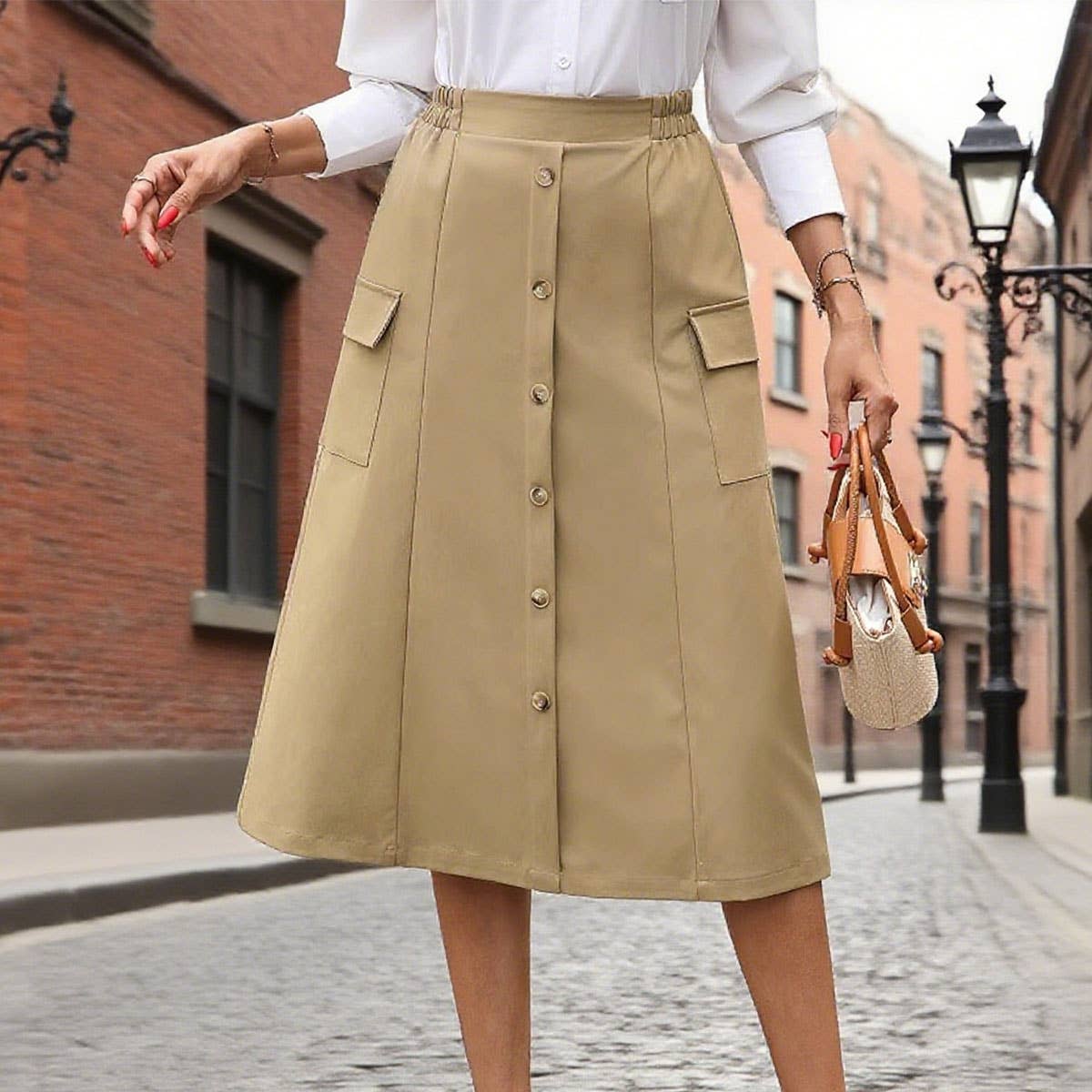 Retro high-waisted A-line mid-length skirt