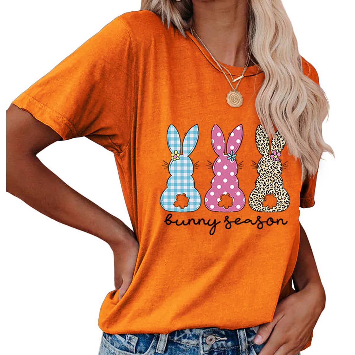 EASTER ROUND NECK LOOSE BUNNY PRINT T SHIRT_CWTTS0856