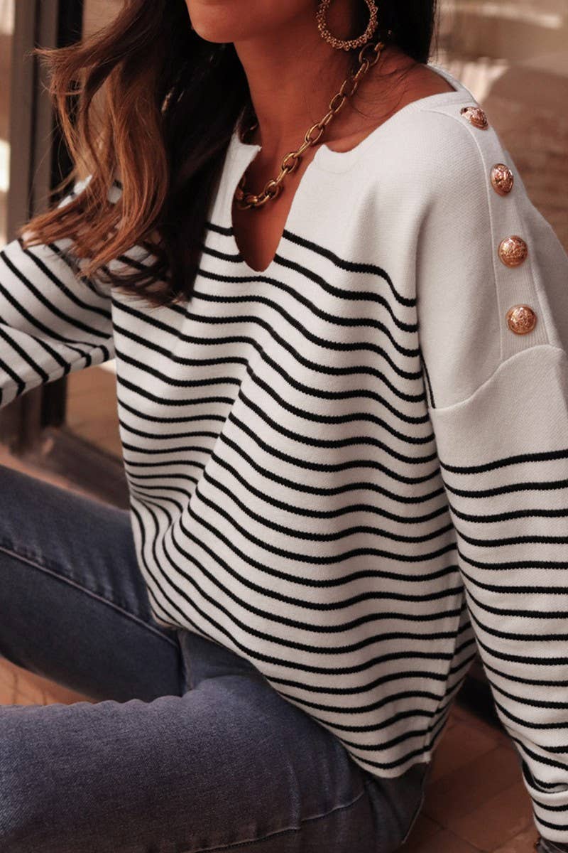 CWOSWL07451_STRIPE SHOULDER BUTTON CUTOUT KNIT SWEATER