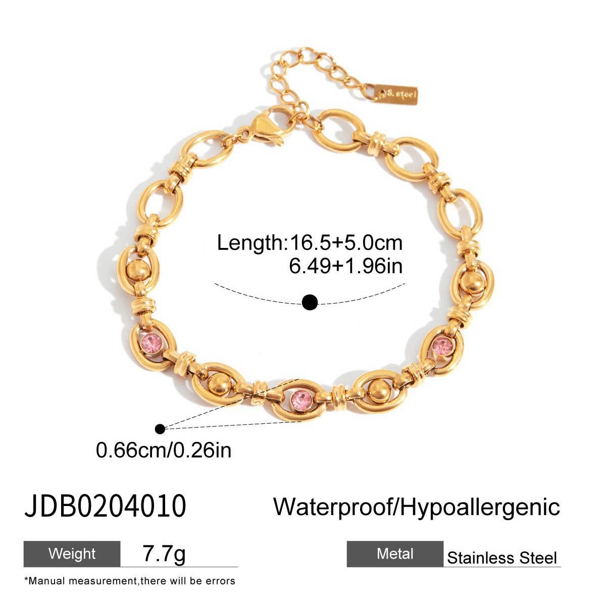 18K Gold Pink Zircon Round Chain Bracelet, Steel_CWAJE4678