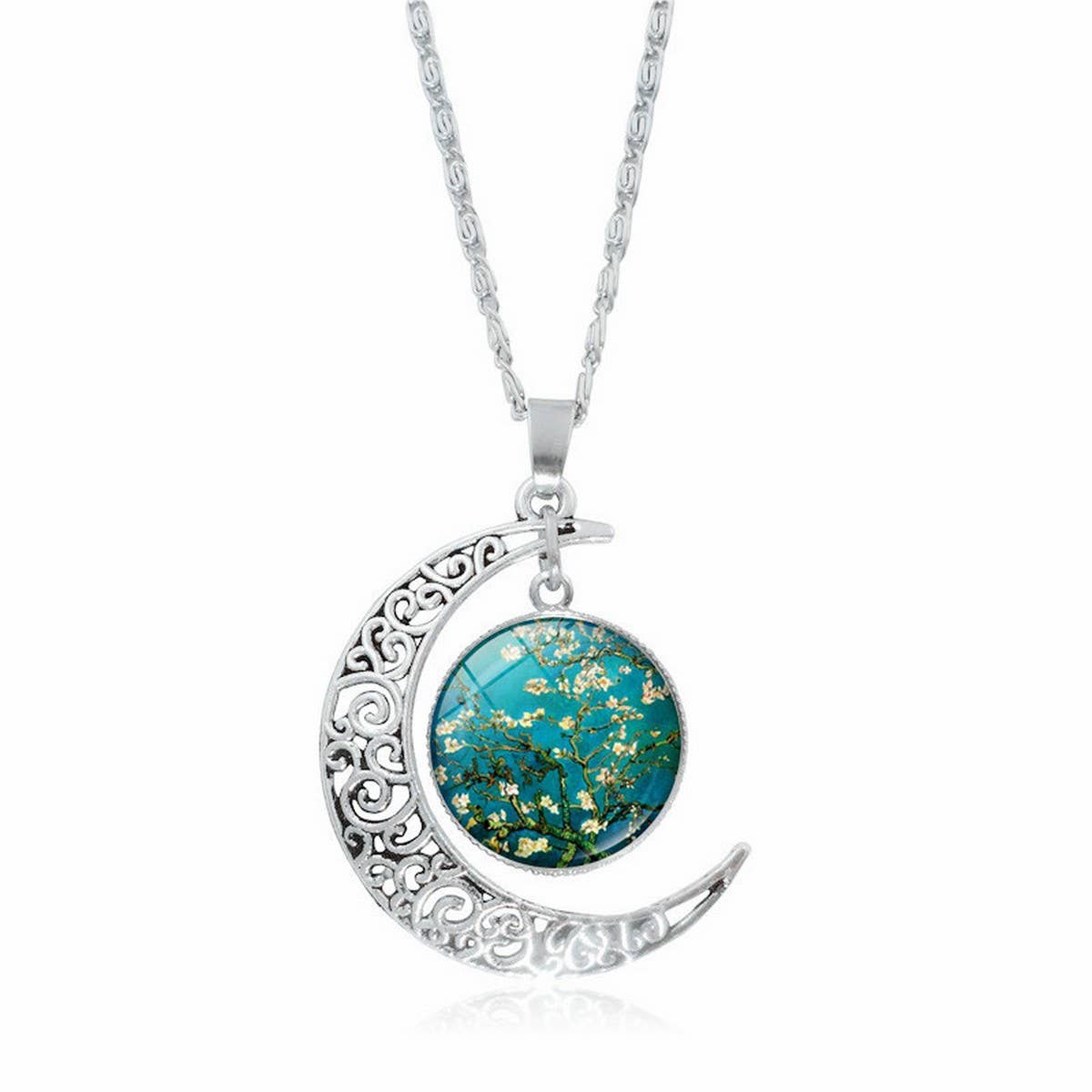 HOLLOW OUT MOON GEM PENDANT NECKLACE