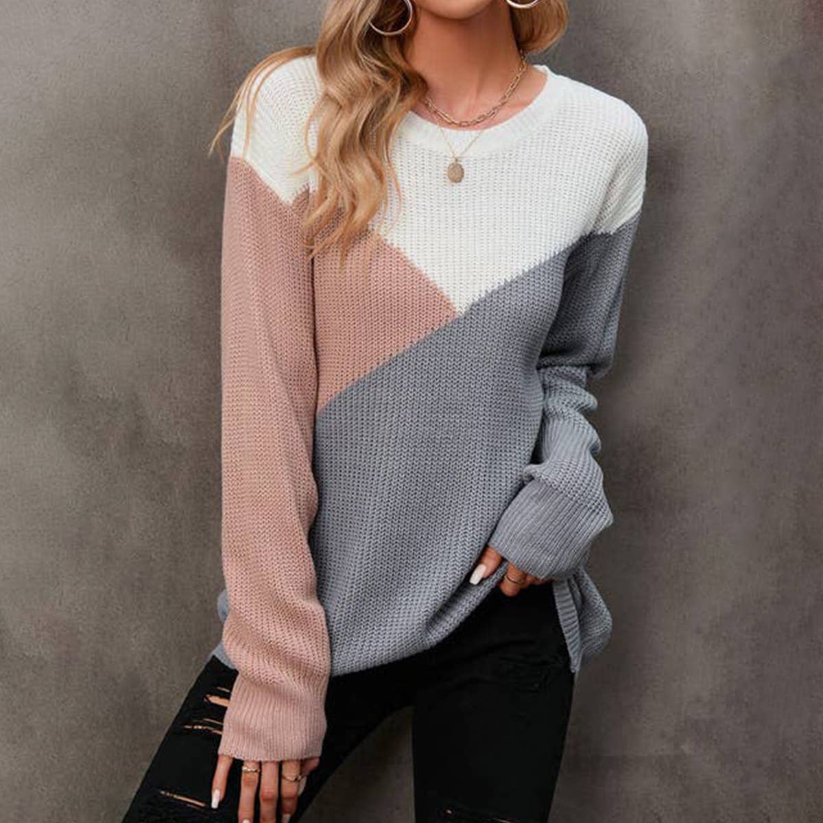 THREE COLOR GEOMETRIC COLOR PULLOVER SWEATER