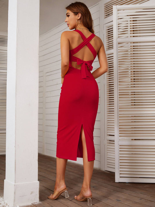 Thigh-high dress with strap and slit