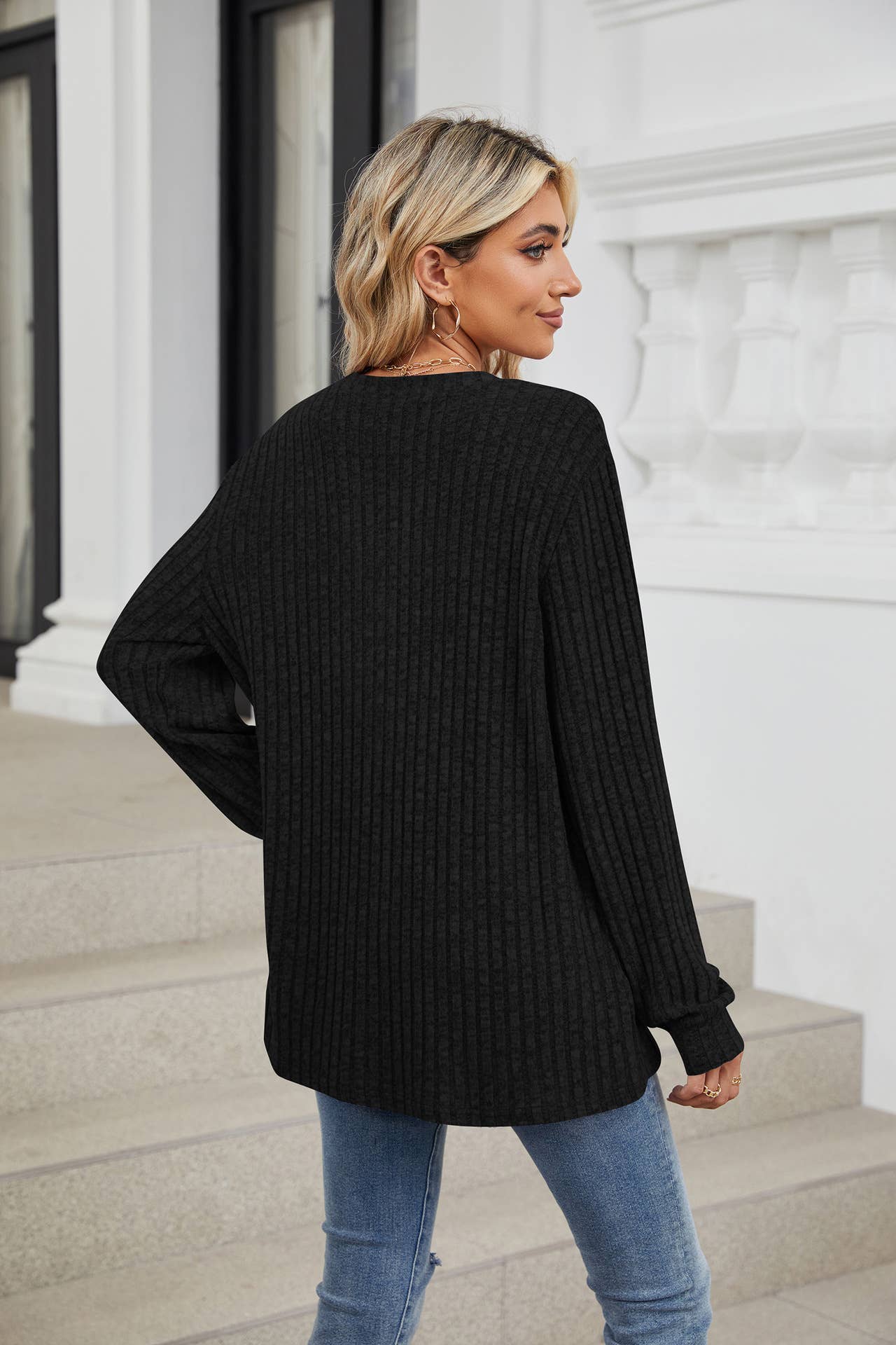 V-NECK BUTTON-DOWN LONG SLEEVED LOOSE T-SHIRT