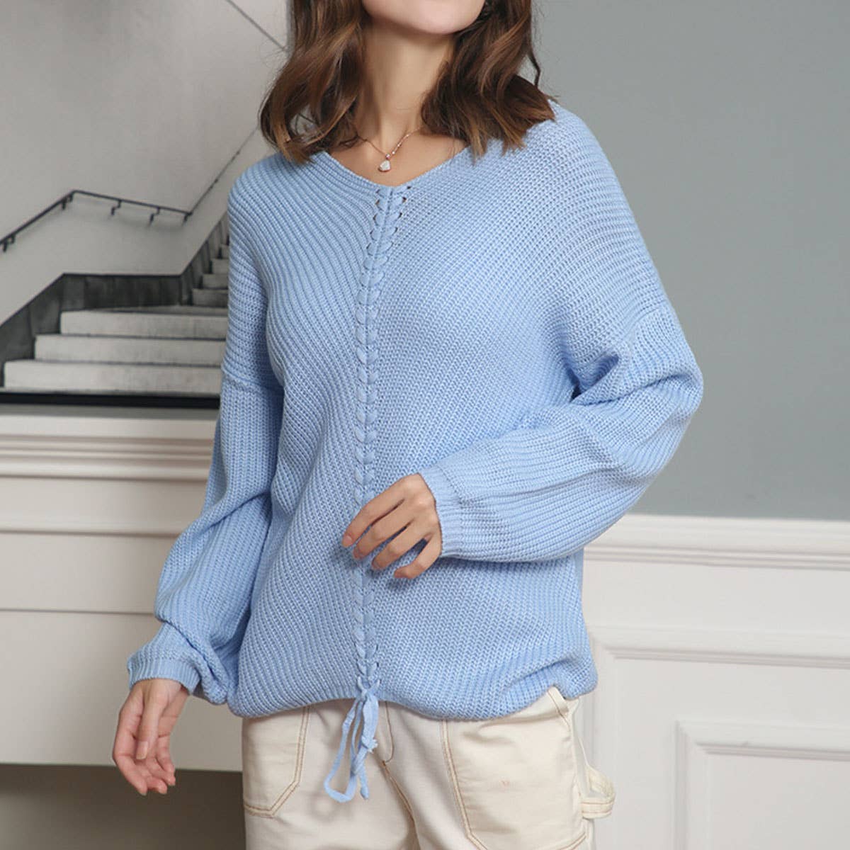 LONG SLEEVE LOOSE DRAWSTRING V-NECK SWEATER WOMAN