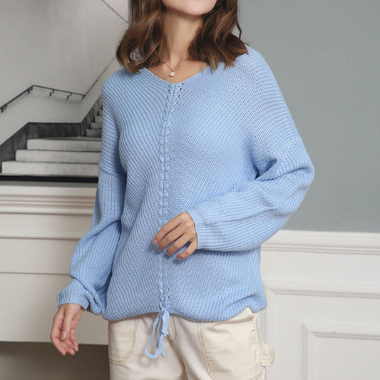 LONG SLEEVE LOOSE DRAWSTRING V-NECK SWEATER WOMAN