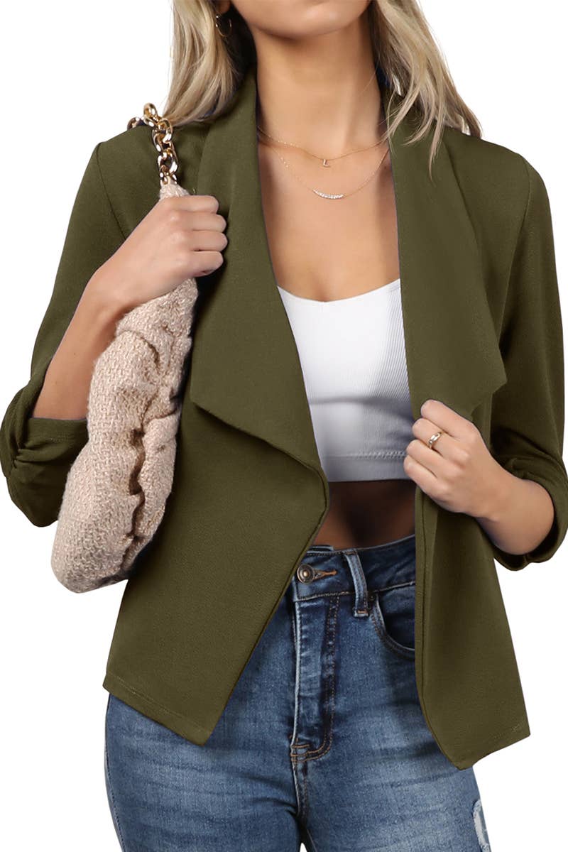 CWOBL091_Casual Work Ruched 3/4 Slv Open Front Blazer Jacket