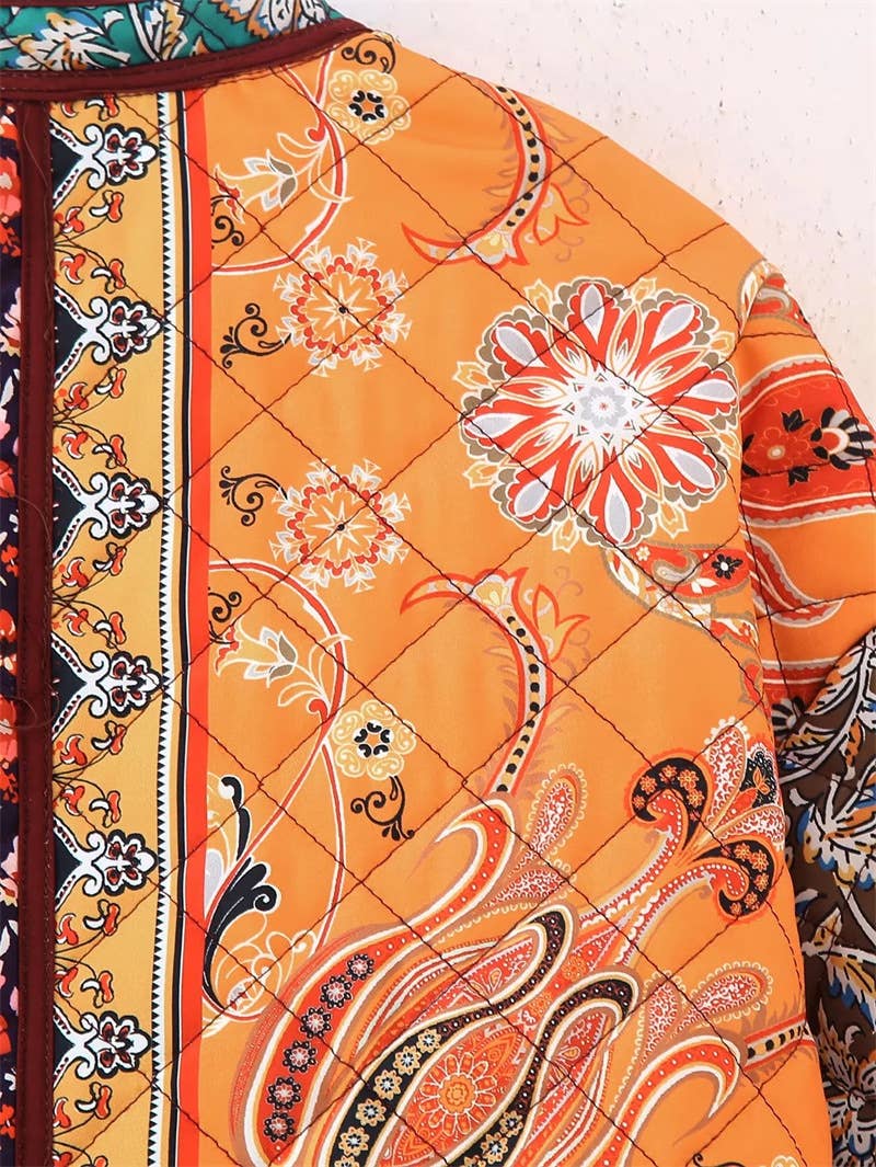 Vintage art style patchwork collared cotton jacket