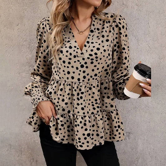 WOMEN V NECK LEOPARD PRINTED RUFFLED SHIRT_CWTSTL0588