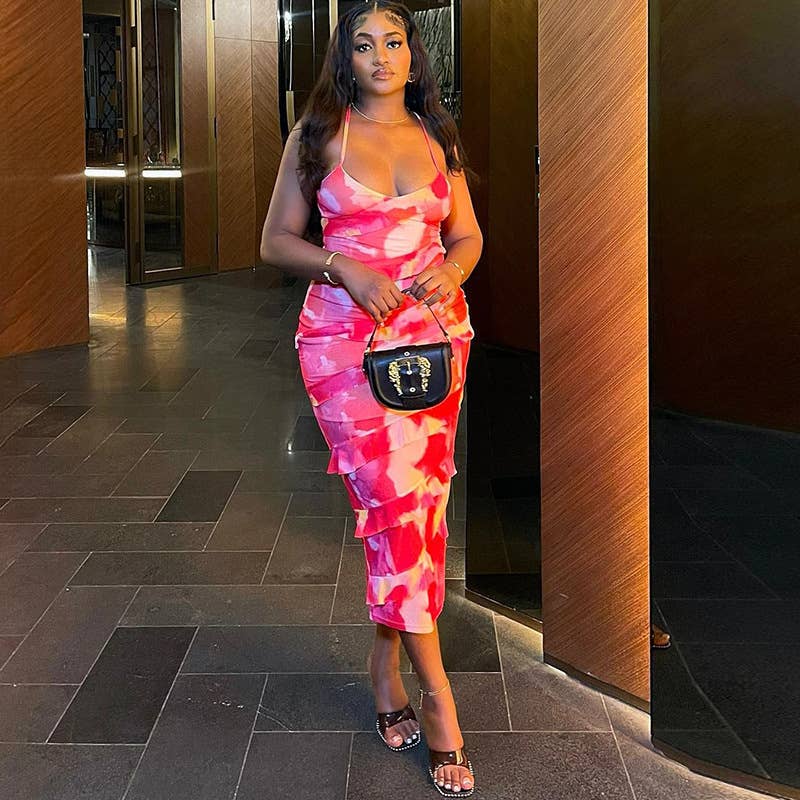 PRINTED SEXY HALTER HALTER IRREGULAR DRESS