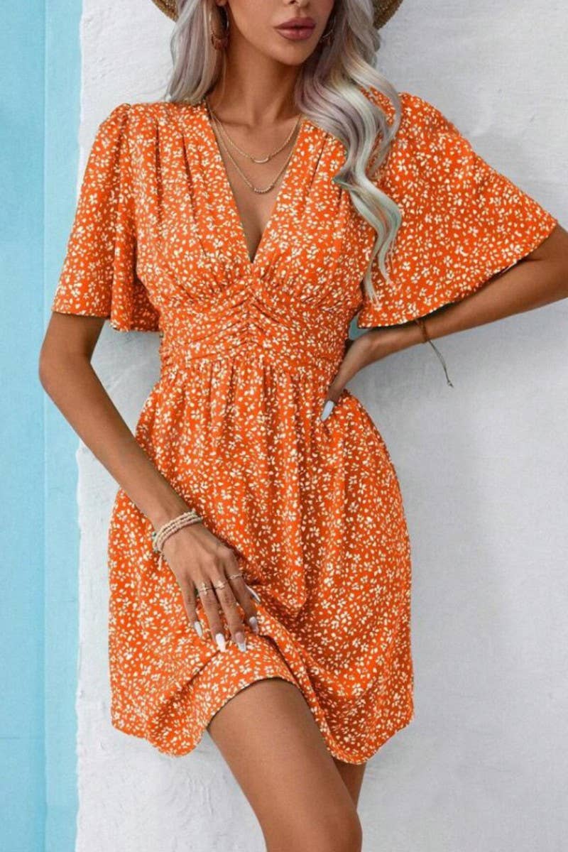 CWDSD8398_DEEP V RUFFLE SLEEVE FLORAL RUCHED VACATION DRESS