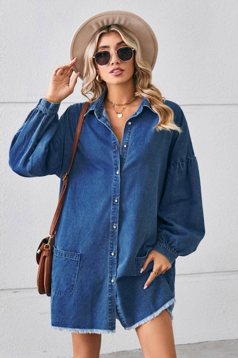 CWDSD10894_LOOSE DENIM FRAYED HEM LONG SLEEVE MIDI DRESS