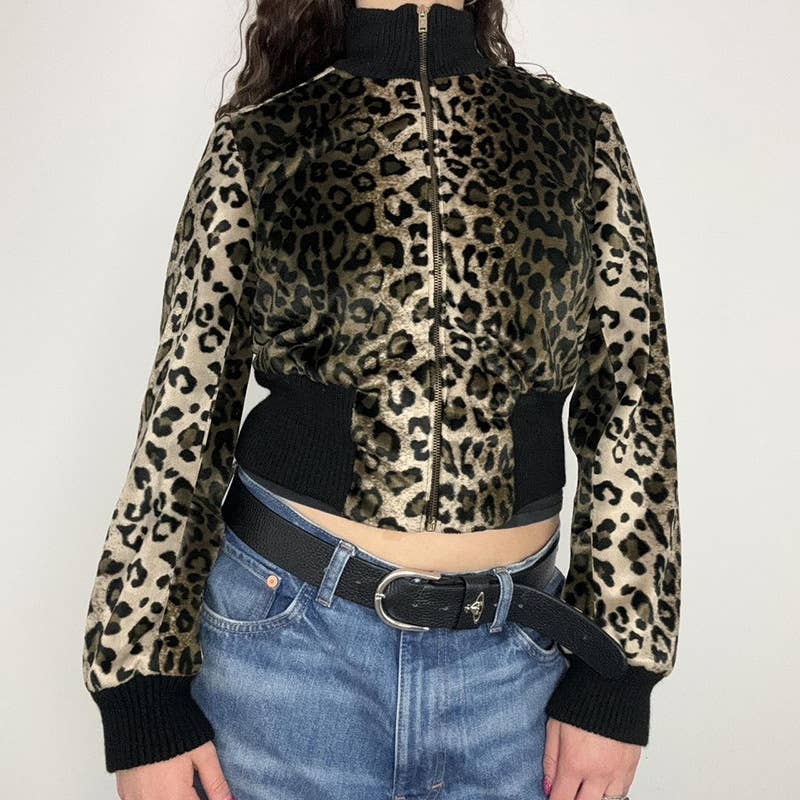 TURTLENECK RIBBED PATCHWORK LEOPARD VELVET JACKET