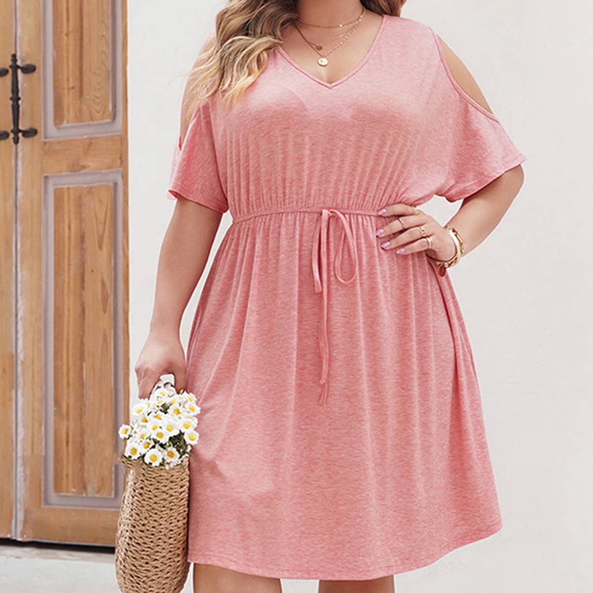 WOMEN'S PLUS SIZE V NECK LACE UP LOOSE DRESS_CWDSD3144